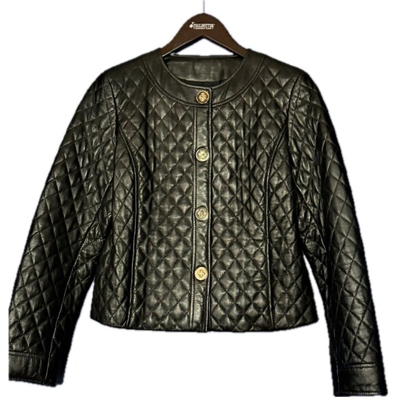 Gorgeous Women’s Quilted Black Leather Jacket Crop Gold Toggle Buttons -see DESC - Picture 1 of 5